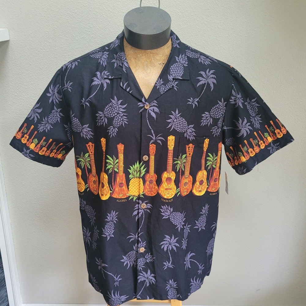 NWT Royal Hawaiian Creations‎ Men XL Shirt Black Pineapple Guitar USA
